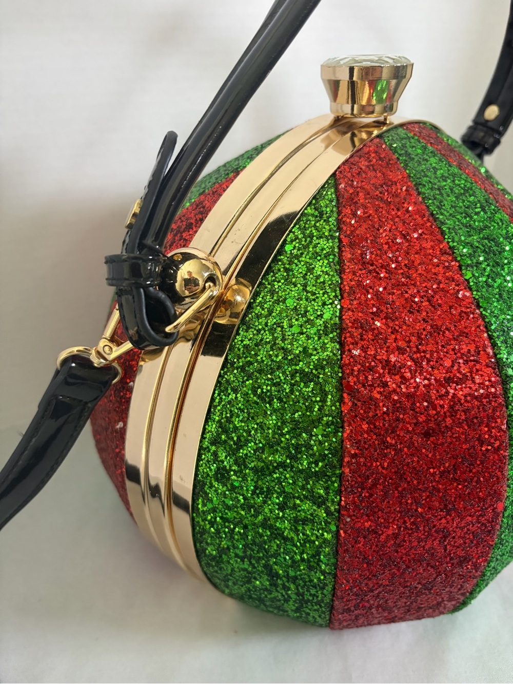 Christmas Ornament Purse Red Green Glitter Round Hard Case Crossbody Bag - Picture 3 of 13